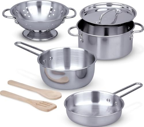 Melissa & Doug Stainless Steel Pots & Pans, 8 Piece Play Kitchen Set, Premium Play Kitchen Accessories & Cooking Utensils, Preschool Toys for Kids 3+