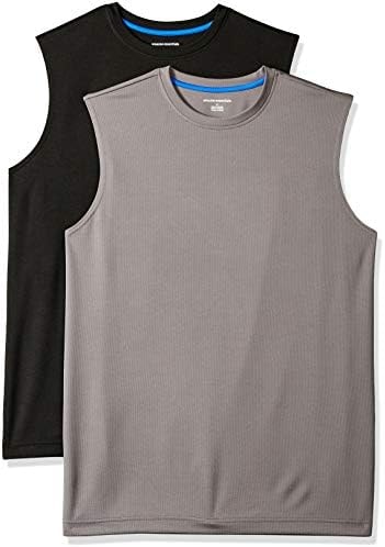 Amazon Essentials Men's Active Performance Tech Muscle Sleeveless Top, Breathable Moisture Wicking Workout Shirt, Pack of 2, Black/Grey, X-Large
