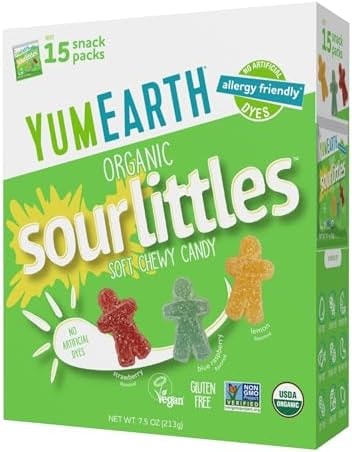 YumEarth Organic Sour Littles Chewy Candy - Allergy Friendly (Top 9 Free), No Artificial Dyes, Non GMO, Gluten Free, Vegan Candy Snacks - 15 Count Box