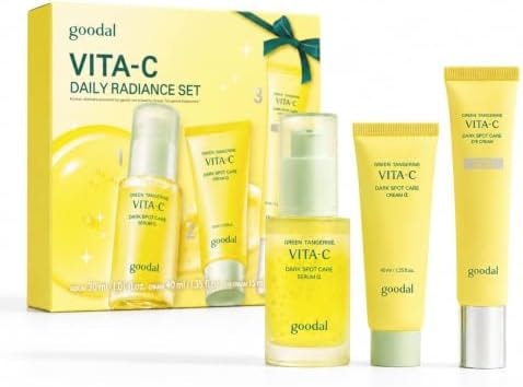 GOODAL Vitamin C Dark Spot Brightening Routine Set | Serum 1.01 fl oz (30ml) + Cream 1.35 fl oz (40ml) + Eye Cream 0.5 fl oz (15ml) | 5% Niacinamide & Green Tangerine Exosome | Korean Skincare