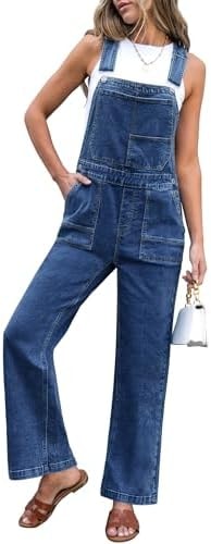 luvamia Baggy Denim Overalls for Women Stretchy Straight Wide Leg Bib Adjustable Strap Dungaree Jeans Jumpsuit for Women Loose Fit Casual Overall Classic Blue Size Medium US Size 8-10
