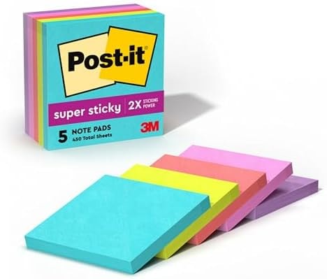 Post-it Super Sticky Notes, 3 x 3 in, Supernova Neons, 5 Pads