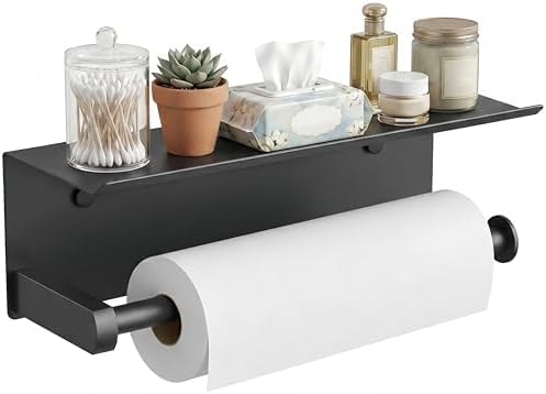 FORIOUS Paper Towel Holder with Shelf, SUS304 Stainless Steel Paper Towel Holder with Storage Shelf, Wall Mount Screw Paper Roll Organizer Commercial Paper Hand Towel Dispensers, Mattle Black