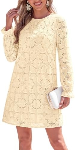 KIRUNDO Womens Long Sleeve Crochet Floral Eyelet Lace Mini Dress, Apricot,M