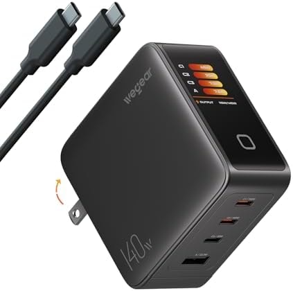 wegear 140W GaN USB C Charger Block, 4-Port PD3.1 Fast Wall Charger with Smart Display & Touch Control, Foldable Power Adapter with 240W USB-C Cable for MacBook Pro, iPhone 18/17, iPad, Galaxy S25/S24