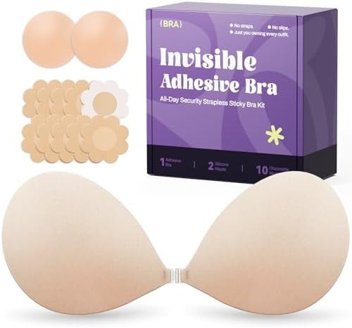 Invisible Strapless Sticky Bra Push up for Women, Ultra Adhesive Bra for Backless Dress, Cleavage Bra Lift Novelty Bras (B Cup, Light Beige)