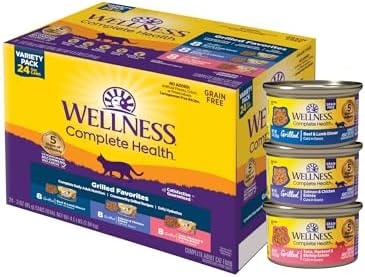 Wellness Complete Health Grilled Favorites Variety Pack Adult Canned Wet Cat Food, Natural, Protein Rich, Grain Free, 3 oz, Pack of 24 Cans