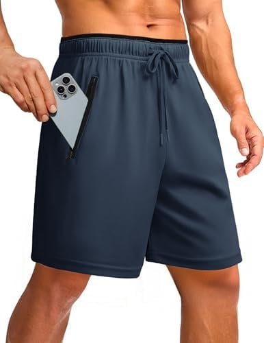 PINSPARK Men's Athletic Running Shorts 7" Mesh Quick Dry Workout Shorts with Zipper Pockets Lightweight Gym Shorts Navy Blue Large