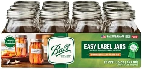 Ball Regular Mouth Easy Label Glass Mason Jars with Lids and Bands, Used for Canning, Pickling, Juice, Jam, Jelly, Pint Size 16 Ounce (Pack of 12)