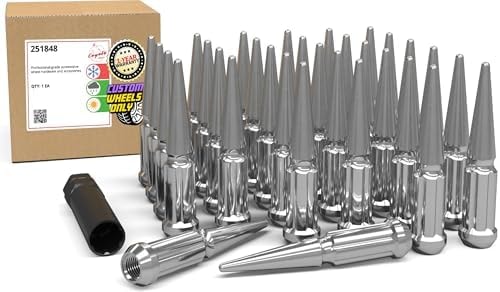Wheel Accessories Parts 32 Pcs + 1 Key M14x1.50 14x1.50 Thread Spike Spline 4.40" Long Lug Nuts Chrome Truck Spline Hex Fits Ford F250/350 Super Duty Silverado Sierra 2500 3500 Ram 2500 3500