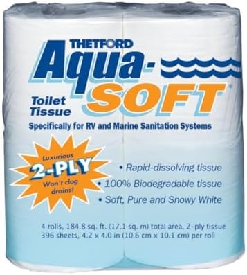 Thetford Aqua-Soft Toilet Tissue - Toilet Paper for RV and marine - 2-ply - Thetford 03300 (Pack of 4 rolls) , White