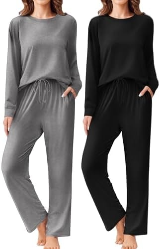 Ekouaer 2 Pack Women Pajama Sets Long Sleeve Sleepwear Soft Loungewear PJs