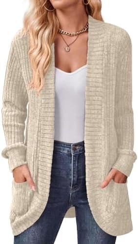 DB MOON Womens Long Cardigan Lightweight Sweater Open Front Long Sleeve Outfits with Pockets L, Beige