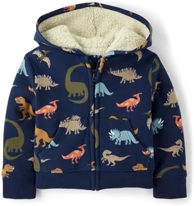 The Children's Place,Baby Boys,and Toddler Long Sleeve, Sherpa Lined, Zip-Front Hoodie Sweatshirt,Tidal Dinos,5 Years