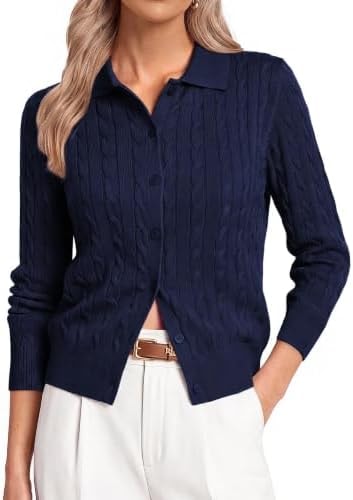 GRACE KARIN Women Cable Knit Cardigan Business Casual Collared Fall Sweater