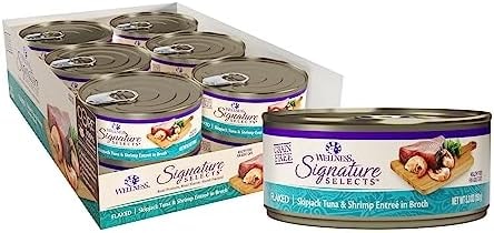 Wellness CORE Signature Selects Shredded Adult Canned Wet Cat Food, Natural, Protein Rich, Grain Free, Skipjack Tuna and Shrimp Entrée Recipe, 5.3 oz, Pack of 12 Cans