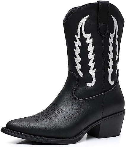GLOBALWIN Black Cowboy Boots For Women Western Mid Calf Comfortable Low Heel Cowgirl Fashion Boots With Zipper Size 7.5M