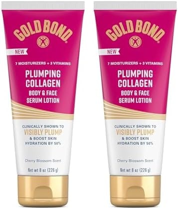 Gold Bond Plumping Collagen Body and Face Serum Lotion, Lightweight Hydrating Moisturizer with Collagen Peptide Complex, Jojoba and Grapeseed Oils to Visibly Plump Skin, Cherry Blossom, 8 oz, 2 Pack