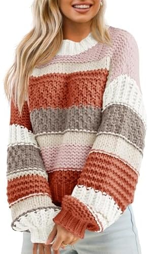 Saodimallsu Womens Color Block Sweater Striped Chunky Knit Cropped Sweaters