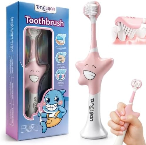 DR.CLEAN 3 Sided Toothbrush for Kids Ages 2-12, Soft Toddler Training Toothbrush with Patented Starfish Easy-Grip Handle, Triple-Sided 45° Brush Head, Gentle Bristles for Teeth and Gums
