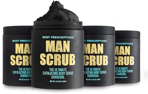 Body Prescriptions Men’s Exfoliating Body Scrub – Ultimate Skin Cleansing Wash in Jar with Twist-Top Lid, For All Skin Types, 21 Ounce (Pack of 4), Charcoal