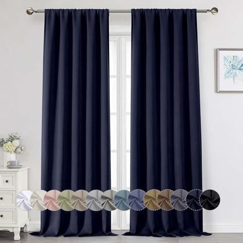 WelvetBLK Navy Blue Blackout Curtains for Bedroom Living Room 96 Inches Long 2 Panels, Soft Solid Room Darkening Thermal Insulated Window Treatments, Rod Pocket Curtain, 50" Wx96 L