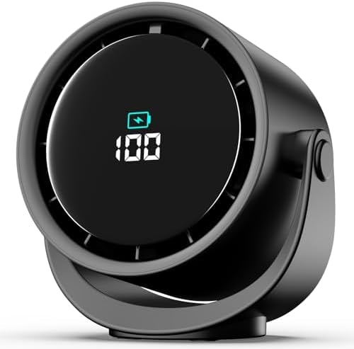 YOSHENMO Portable Desk Fan for Bedroom, Turbo Table Fans with smile icon LED Display, 6-inch, 5-Speed Strong Airflow, Low Noise, 360° Adjustable Tilt, Suitable for Home, Office, Outdoor, Ink Black