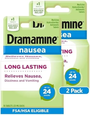 Dramamine Nausea Relief Tablets, Long-Lasting Anti-Nausea Support with 25mg Meclizine HCI, 10 Count, Pack of 2