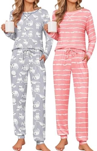 Ekouaer 2 Pack Pajama Sets for Women Long Sleeves Lounge Set Jogger Pants
