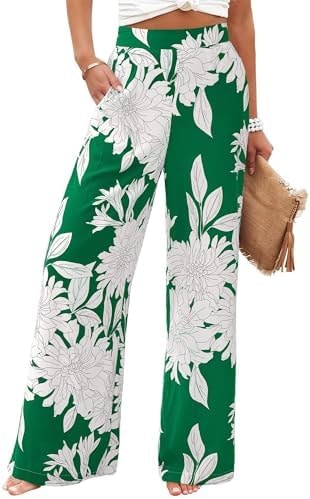 BTFBM Womens Wide Leg Pants Printed Palazzo Trousers,Floral Green Apricot,Small