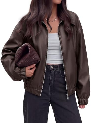 KIRUNDO Womens Oversized Zip Up Leather Bomber Jacket Fall(Dark Brown, S)
