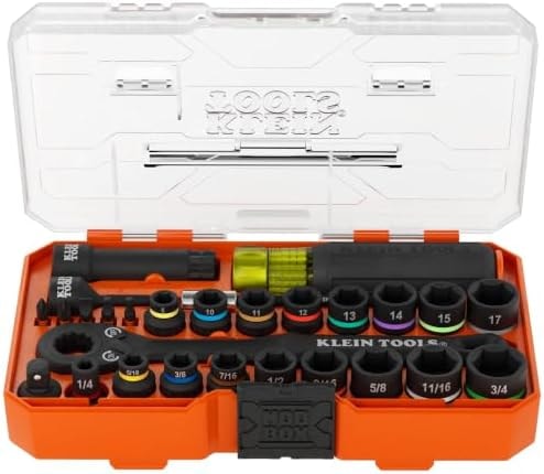 Klein Tools 65400KNECT KNECT Essential Pass Through Impact Socket Set, SAE and Metric, 90-Tooth Ratchet, MODbox Case, 3/8-Inch Drive, 28-Piece