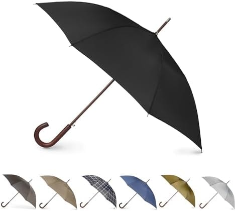 Totes Auto Open Water Repellent Stick Umbrella with Classic Wood J Hook Handle
