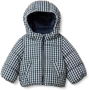 Amazon Essentials x Sofia Grainge Boys' Water-Repellent Hooded Puffer Jacket, Ivory Light Camel Gingham, Small