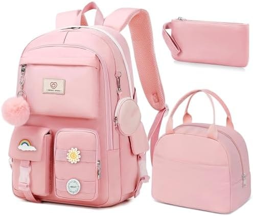 Fitvc School Backpack For Girls - 6pcs Cute Girls Backpack With Lunch Box Set For Teens Women College Middle High School - 18″ School Bookbag Travel Back Pack