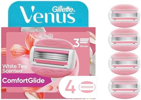 Gillette Venus ComfortGlide White Tea Women's Razor Refills, 4 Refill Cartridges, Fits Venus Reusable Razor Handles, 3-Bladed with Built-in Shave Gel Bars