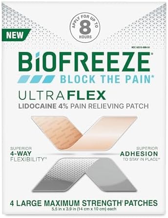 Biofreeze Ultraflex Maximum Strength 4% Lidocaine Patches, Non-Menthol, Flexible Pain Relief Patch for Lower Back, Lidocaine Patch for Neck, Knee, Shoulder, 4 Large Pain Patches