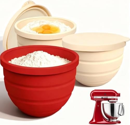 Naerza Silicone Bowl Insert for Kitchen Aid 5 Qt Tilt-Head - Patented Design Bowl Liner, 3pack with Lids, Resistant to collapse Thicker Bowl Insert, Foldable, Heat/Cold Resistant (Beige/Beige/Pink/)