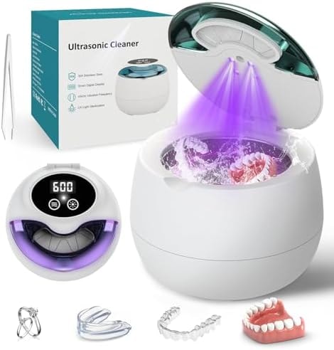 Ultrasonic Retainer Cleaner Machine,45kHz Denture Cleaner Machine with UV Light 200ML Dental Cleaning Pod, 4 Modes Ultrasonic Jewelry Cleaner for Mouth Guard, Aligner, Braces, Toothbrush, Jewelry