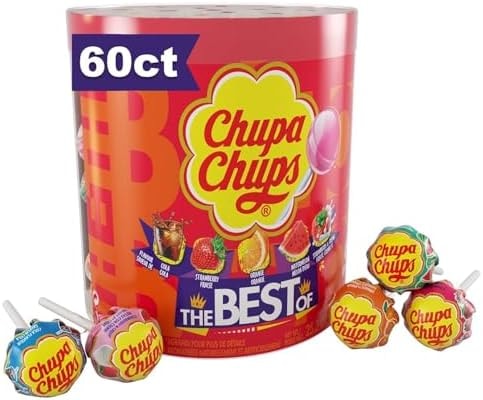 Chupa Chups ‘Best Of’ Lollipop Assortment, 5 Flavors, Individually Wrapped Candy for Kids, 25.3 Oz Drum (60 Suckers)