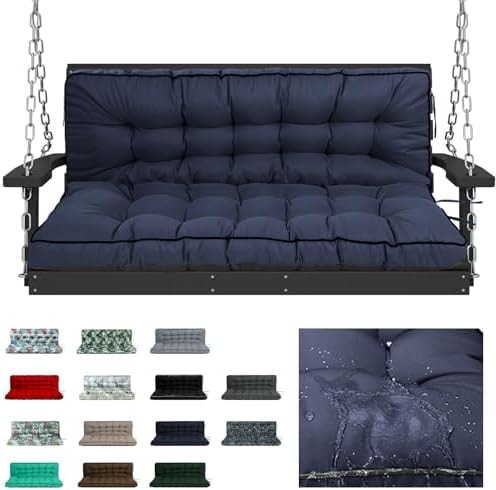 RUFXIEZW Waterproof Porch Swing Cushion Replacement, Thick 4" 2–3 Seat Outdoor Swing Seat Cushion with Backrest & Ties for Patio, Garden & Porch (Navy Blue, 40 x 55 in)
