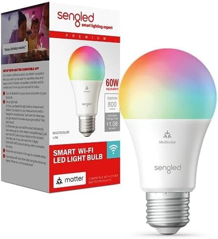 Sengled Matter LED Smart Light Bulb (A19), Multicolor, Compatible with Alexa, 60W Equivalent, 800LM, Instant Pairing, 1-Pack