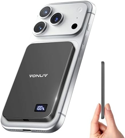 VONUV Magnetic Portable Charger 5000mAh, 15W Ultra Slim Wireless Portable Charger, Fast Charging for iPhone 17/16/15/14/13/12 Pro/Pro Max/Plus, Metal Shell, USB-C Cable to Charge Other Phones (Grey)