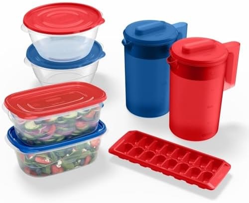 Rubbermaid TakeAlongs Special-Edition Americana 13-Piece Set of Food Storage Containers with Lids, Including Two Pitchers and Ice Tray, QuikClik Seal, BPA-Free