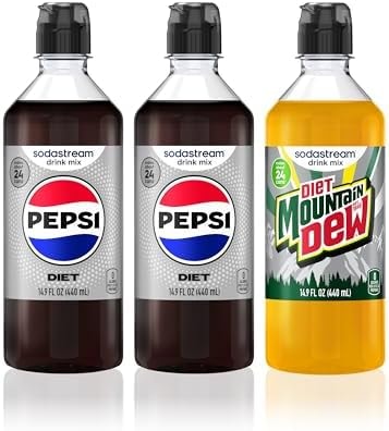 Sodastream Pepsi & MTN Dew Variety Pack, Diet, New Pour Bottle Drink Mix for Sparkling Water Makers, Sugar Free Soda Syrup, Control Your Fizz with Sodastream Flavors, 4 x 14.9 Fl Oz (440ml) Makes about 72 Drinks Per Pack