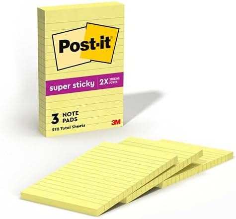 Post-it Super Sticky Notes, 4 x 6 in, Canary Yellow, 3 Lined Pads