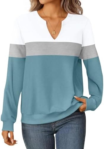 GKBK Womens Sweatshirts Long Sleeve Fall Tops Lightweight Color Block V Neck Cute Loose Casual Pullover