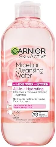 Garnier Micellar Water with Rose Water and Glycerin, Hydrating Facial Cleanser & Makeup Remover, For All Skin Types, Vegan, Cruelty Free, 13.5 Fl Oz (400mL), 1 Count