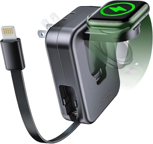 AFLYDOG for Apple Watch Charger Block, 2 in 1 Wall Charger with Built-in Retractable Charging Cable, Travel Foldable Plug Power Adapter Compatible with iPhone iWatch (Black)