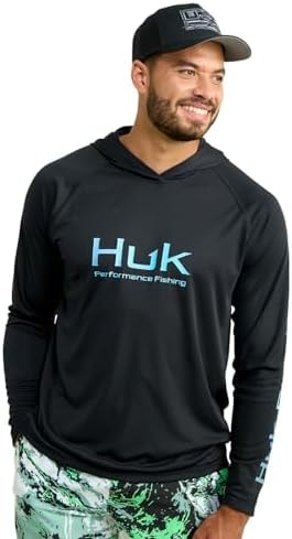 HUK Mens Pursuit Vented Long Sleeve Hoodie, Fishing Shirt with Hood, Black, Medium